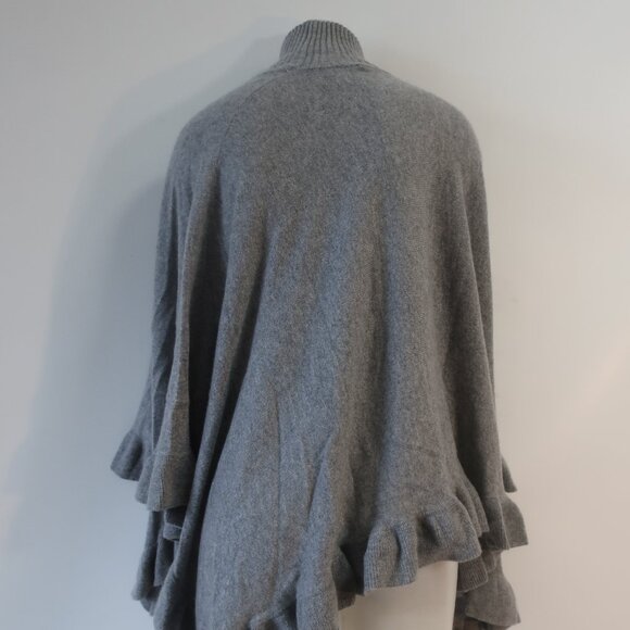 Womens Minnie Rose Grey Ruffled Trim Pure Cashmere Turtleneck Poncho Sweater O/S - Picture 9 of 11